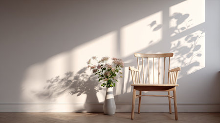 A wooden chair and a vase of flowers are set in a sunlit interior. The scene exhibits soft natural lighting casting shadows. The composition highlights the simplicity of the objects against a wall, with copy space available. Suitable for home decor, lifestyle, or design-related visual content.の素材