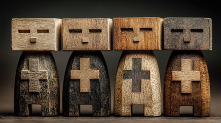 Four stylized wooden block figures are arranged in a stack, exhibiting varied wood grains and hues. The upper blocks feature simple face designs, while the lower blocks display cross symbols. The studio lighting enhances the textures. Suitable for illustrating concepts or as decorative elements in design projects.の素材