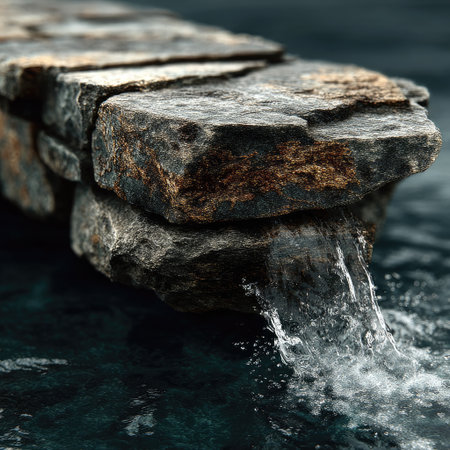 Close-up captures water flowing from stacked stones into a body of water. The image showcases the textures of the stone and the water. The composition is likely for serene environments and relaxation. Suitable for various projects including design, editorial, or commercial needs.の素材