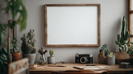 An interior scene features a wooden frame hanging above a desk adorned with a camera, plants, and various objects. The composition showcases a neutral color palette with natural light, potentially suggesting a workspace. This image could be used for lifestyle blogs, interior design websites, or other commercial purposes.の素材