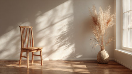 A wooden chair stands beside a vase of pampas grass, illuminated by sunlight streaming through a window. The scene features a neutral color palette, highlighting the texture of the wooden floor and the soft, natural light. This image is suitable for various commercial uses, including home decor and lifestyle themes.の素材