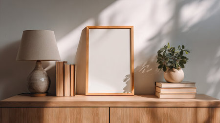 A wooden cabinet displays a framed print, a lamp, books, and a plant. The scene is illuminated by sunlight creating shadows on the wall. The composition suggests an interior setting with neutral tones and a focus on design. This image could be utilized for various commercial purposes.の素材
