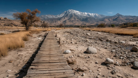 A wooden pathway winds through a dry riverbed toward majestic mountains under a clear blue sky. The scene showcases a natural environment with a foreground of sand and rocks, and dried grasses. This landscape image could be used for various purposes, including travel blogs, articles, or environmental themes.の素材