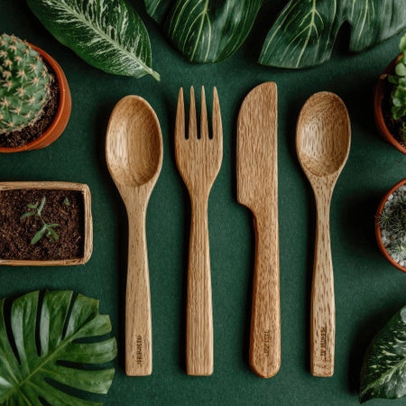 A wooden cutlery set rests on a green surface surrounded by various plants and leaves. The set includes a spoon, fork, knife, and another spoon. The image features natural lighting and a top-down perspective, suggesting a clean and organized arrangement, suitable for culinary or decorative themes.の素材