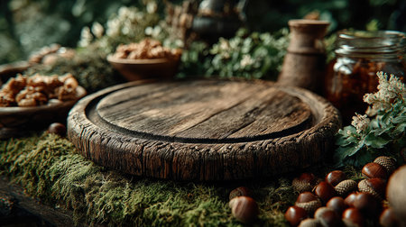A close-up captures a wooden platter set atop green moss, framed by various natural elements. The composition highlights warm brown tones of wood and nuts, contrasted by lush greenery. The lighting suggests an outdoor setting, appropriate for culinary or decorative applications. The image offers versatile applications for editorial or commercial projects.の素材