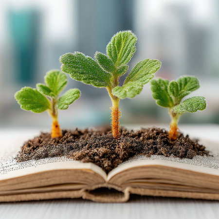 Three small plants emerge from soil atop an open book, showcasing new growth. The leaves are vibrant green, contrasting with the dark brown soil and the aged, off-white pages. The composition features a shallow depth of field, with soft background bokeh suggesting an indoor setting. This image is suitable for educational or conceptual projects.の素材