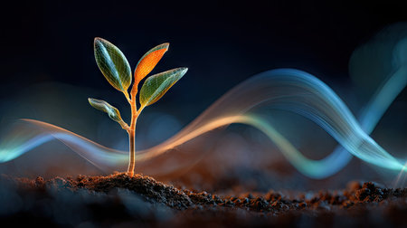 A close-up view depicts a small plant emerging from soil. The image showcases vibrant green leaves and warm orange highlights on the plant. Abstract, flowing lines of blue and orange light create a dynamic backdrop, suggesting energy. This composition could be used for various design projects, including environmental or scientific concepts.の素材