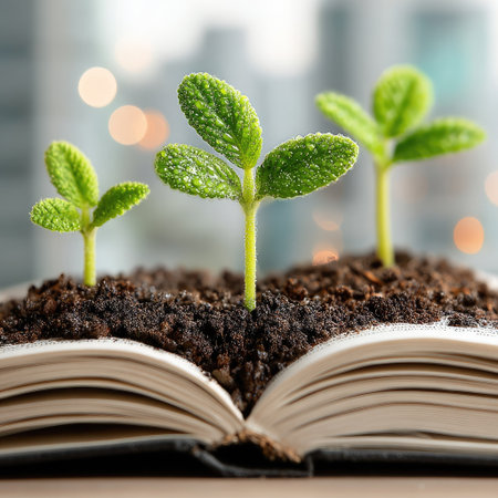 Three small green plants emerge from soil atop an open book, showcasing vibrant green leaves. The composition highlights the connection between growth and knowledge. The image uses a soft, natural lighting, and the background subtly suggests an indoor environment. This image is suitable for various commercial uses related to education and development.の素材