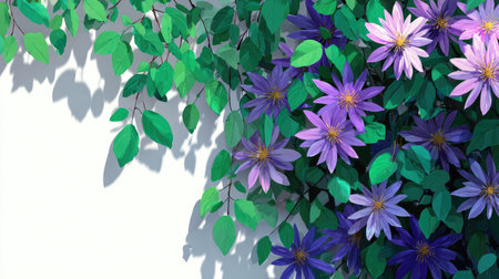 An illustration features an abundance of purple flowers and lush green leaves. The composition is set against a white backdrop, with shadows adding depth. The style suggests a digital painting. This artwork could be used for various projects needing a touch of nature or floral design elements.の素材