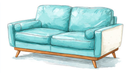 This illustration showcases a turquoise sofa isolated against a white backdrop. The piece features a soft, sketch-like style with visible pen strokes and subtle color gradients. The composition suggests an indoor setting, and its clean design lends itself to various applications in design, advertising, and editorial content.の素材