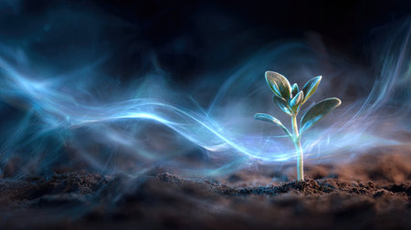 A single plant, illuminated by radiant energy, emerges from textured earth. The scene is enveloped by swirling, luminous lines of blue light against a backdrop of dark tones and subtle textures. This image evokes concepts of growth, energy, and nature, potentially suitable for various commercial and conceptual projects.の素材