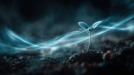 A small plant with fresh green leaves is shown emerging from dark soil. Bright blue energy lines flow around the plant, suggesting growth and vitality. The composition uses a shallow depth of field, with soft focus in the background. It is suitable for conceptual illustrations and designs related to nature, technology, and innovation.の素材