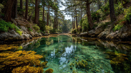 A vibrant landscape depicts a waterway winding through a forest. Clear water reflects the surrounding trees and sky above. Rich green and brown tones dominate the scene, with sunlight filtering through the canopy. This picturesque view would be suitable for various commercial or editorial applications.の素材