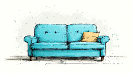 An illustration depicts a turquoise sofa with a yellow pillow against a white backdrop. The drawing style incorporates sketch-like lines and watercolor effects. The piece features a soft color palette. Potential uses include editorial content, website design, or decorative prints, conveying comfort.の素材