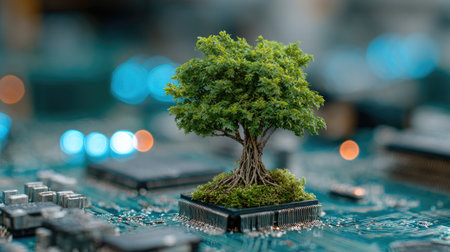 A vibrant green tree grows from a computer circuit board in this image, showcasing a blend of nature and technology. The composition features a shallow depth of field, with the tree and board in sharp focus against a blurred background of lights and components. The image suggests concepts of environmental responsibility, innovation, and digital transformation.の素材