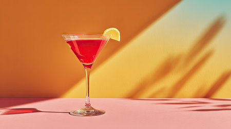 A refreshing cocktail with a lemon garnish is featured in a sleek glass against a gradient orange and yellow wall. The composition is lit by strong overhead sunlight, creating long shadows. This image is suitable for various editorial and commercial applications.の素材