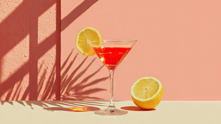 A refreshing cocktail with a lemon garnish is displayed against a pink background, enhanced by shadow patterns. The composition features a clear glass, vibrant colors, and strong lighting. Suitable for advertising, beverage promotions, or lifestyle editorial content, this image offers a visually appealing aesthetic.の素材