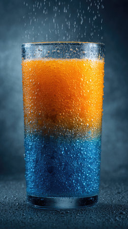 A close-up view displays a glass filled with a colorful drink, divided into layers of blue and orange. Bubbles create a textured effect. The lighting is soft, emphasizing the colors. This image could be suitable for promotional materials, articles about beverages, or design projects. The background is a soft gradient.の素材
