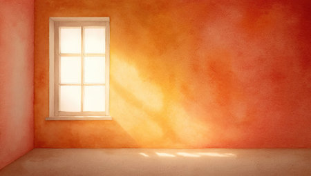 An interior shot showcases a window letting in bright sunlight across textured walls. Warm orange and red hues define the room, with shadows creating depth. This composition offers copy space and would be suitable for various design, advertising, and editorial applications. The scene evokes a sense of warmth and natural light.の素材