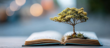 An open book displays a small tree sprouting from its pages, suggesting growth and learning. The image shows soft focus and bokeh effects. The tree with green foliage, sits atop the book. This visual may be suitable for educational, environmental or conceptual marketing applications.の素材