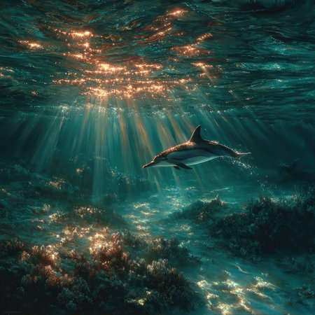 A dolphin gracefully swims underwater, bathed in shafts of sunlight filtering through the ocean surface. The scene features varying shades of blue and green, with the dolphin's silhouette prominent. This image may be suitable for illustrating marine life or promoting environmental awareness in diverse commercial applications.の素材
