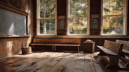 An interior depicts a vintage classroom setting, featuring wooden benches, a blackboard, and large windows. Warm tones dominate the scene, highlighting the natural wood textures and diffused sunlight. The composition suggests a sense of history and nostalgia, suitable for educational or historical content. This image could be used for various commercial or editorial purposes.の素材