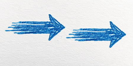 Two hand-drawn blue arrows, depicted with a scribbled texture, point to the right. The arrows are positioned against a clean white backdrop, creating a contrast. This composition conveys the concept of direction, progress, or choices. Suitable for various applications, including web design, presentations, and illustrative purposes.の素材