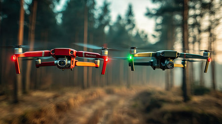 Two drones are captured mid-flight against a blurred background of a forest. One drone features red and orange accents, while the other shows yellow. The lighting suggests daytime. This image can be used for technology, innovation, aerial photography, or commercial projects.の素材
