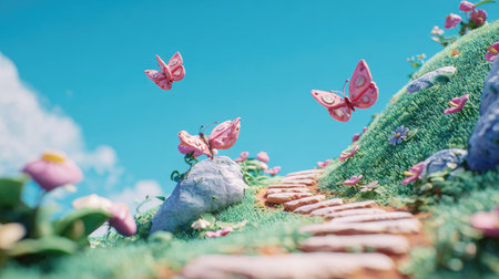 This image showcases pastel-colored butterflies fluttering amidst a fantasy garden with lush green hills and a clear blue sky. The scene is illuminated by bright sunlight, suggesting an outdoor setting. This artwork could be used for various commercial or editorial applications such as illustrations or creative designs.の素材