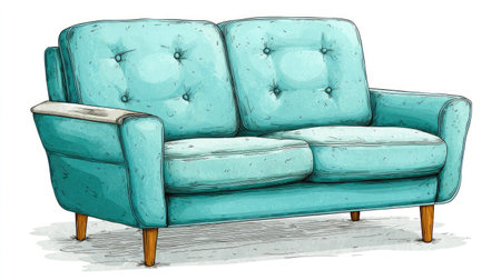 An illustrated image features a turquoise sofa against a white backdrop. The piece displays a button-tufted back and cushions, with wooden legs and armrests. The artwork uses line art and vibrant colors, offering potential applications for decorative designs or editorial concepts, suitable for varied design needs.の素材