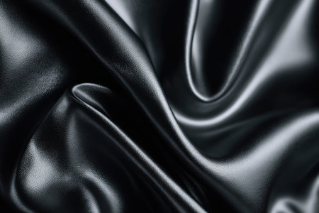 This image presents an abstract view of black silk fabric. The fabric displays gentle waves and folds, with light reflecting off the shiny surface. The composition is close-up, highlighting the texture and creating dynamic shadows. Suitable for use in design, marketing, or other commercial projects.の素材