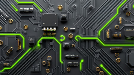 This image showcases a detailed circuit board design, featuring a complex network of electrical pathways and components. The composition highlights contrasting colors of gray and vibrant green, suggesting high-tech systems. Suitable for illustrating technology, data processing, and digital innovation concepts, it can be used for various commercial projects.の素材