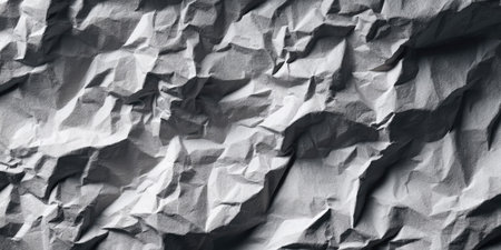 This image features a detailed close-up of crumpled paper, exhibiting an abstract texture. The monochromatic palette showcases various shades of gray, with shadows and highlights adding depth. The composition offers a textured and artistic aesthetic, useful for design backgrounds and conceptual projects. Suitable for diverse commercial and editorial purposes.の素材