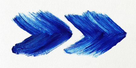 Two bold blue arrows are depicted against a pristine white backdrop. The brushstrokes create a textured effect, while the vibrant blue contrasts starkly with the background. This composition suggests concepts like progress, direction, and communication. It could be used in various commercial projects.の素材