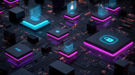 An abstract digital illustration showcasing a network of interconnected components illuminated by blue and purple hues. The composition features a dark, detailed circuit board with glowing icons. This artwork uses an overhead perspective, creating a technological and modern aesthetic. Suitable for various editorial and commercial applications.の素材