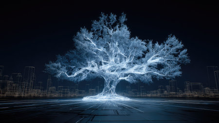 An ethereal digital tree is depicted with luminous particles, set against a dark backdrop. The image showcases a futuristic aesthetic with blue and white tones, creating a sense of depth and mystery. This artwork is suitable for use in various design projects, including technology-focused illustrations and conceptual visualizations.の素材