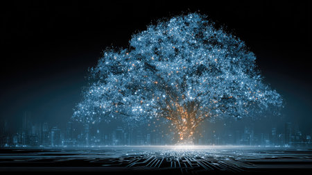 An image showcases a luminous tree structure set against a dark backdrop. The tree is depicted with a network-like texture and glowing blue highlights. The composition features a futuristic aesthetic with digital elements suggesting connectivity and data. It may be used for conceptual illustrations or designs related to technology.の素材