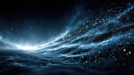 An abstract composition features flowing particles in shades of blue and white, with illuminated highlights. The digital artwork showcases a dynamic wave-like formation against a dark background, suggesting depth and movement. It could be used for various design projects, website backgrounds, or conceptual illustrations.の素材