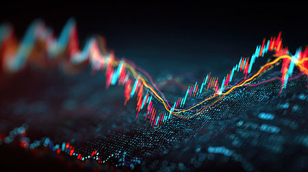 This image showcases a dynamic visualization of financial data, featuring colorful charts and graphs. The composition emphasizes vibrant reds, blues, and yellows set against a dark background, suggesting a digital or technological environment. It is suitable for use in business presentations, financial reports, or marketing materials.の素材