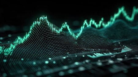 An abstract digital illustration showcases a green wave pattern rising and falling over a dark, textured surface. The image utilizes a pointillist style with a shallow depth of field, emphasizing the graphic and data representation. This image could be used for financial, technological, or analytical projects.の素材