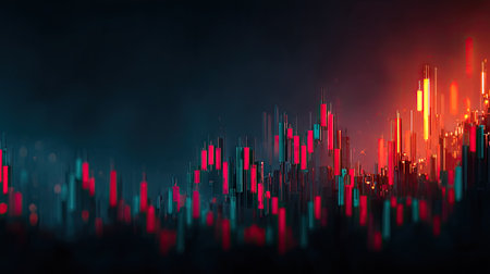 An abstract depiction showcases financial data as vibrant red and green columns against a dark background. The composition employs a digital art style with dynamic lighting, creating a sense of depth and movement. Suitable for illustrating concepts related to market analysis, economics, and business reports, it offers versatile applications.の素材