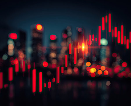 An abstract visualization shows red financial data charts over a blurry cityscape at night. The image displays data points as vertical lines of red color with soft focus. The composition emphasizes depth, with bokeh lights. Suitable for business, finance, or technology themes, the image may find applications in various commercial contexts.の素材