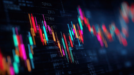 This image showcases an abstract representation of financial data, featuring colorful charts and graphs. The composition is likely digitally created, with a dark background enhancing the vibrant hues. The overall style suggests a modern, technical aesthetic suitable for various commercial and editorial applications related to finance and technology.の素材