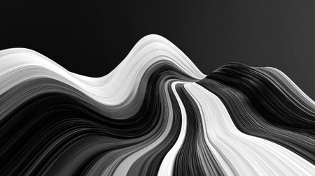 This abstract artwork features flowing lines in shades of gray, forming a wave-like pattern against a dark background. The composition showcases a modern aesthetic, with a play of light and shadow, creating depth. This design is suitable for use in various commercial applications, including graphic design and digital media.の素材