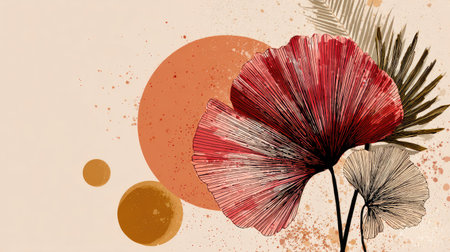 An abstract illustration features a vibrant red flower as the focal point, accented by neutral tones and geometric shapes. The artwork showcases textured details and a contemporary artistic style. Ideal for various design projects, it is suited for both decorative and commercial applications, offering a modern aesthetic.の素材