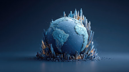 An artistic representation features an Earth globe positioned amidst a cluster of stylized spikes. The composition uses a blue and gold color palette, with textured surfaces suggesting a digital or sculptural aesthetic. The image conveys themes of global connectivity and could be suitable for use in technology or business-related projects.の素材
