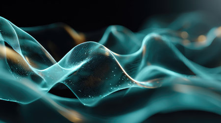 This image presents abstract flowing shapes in shades of blue and gold, set against a black backdrop. The composition features smooth, curved lines that suggest movement. The style appears digital, possibly created using computer graphics. This image could be suitable for various design projects, including website backgrounds and marketing materials.の素材