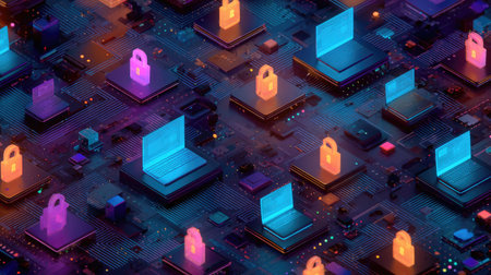 This illustration presents an abstract representation of digital security. It showcases multiple laptop computers and padlocks in a network. The composition is characterized by a colorful, isometric design with glowing elements. The image suggests a technology or cybersecurity theme, suitable for various editorial and commercial applications.の素材