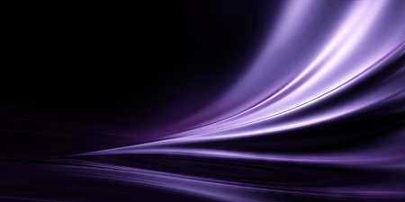 This image features a flowing abstract composition, characterized by smooth, dynamic curves in shades of purple and white. The graphic showcases a sense of movement against a dark background, with soft lighting and gradients. This visual style could be used for various commercial projects and design applications.の素材