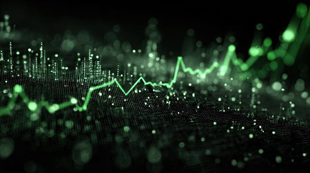 A digital illustration displays a glowing green financial graph over a dark backdrop. The composition features blurred highlights and an overall abstract, tech-focused style. Suitable for representing financial analysis, economic trends, or data visualization, the image could serve various commercial or editorial purposes.の素材